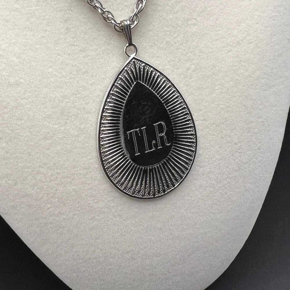 Vintage Coro Pegasus Monogram Pendant Necklace Silver Tone Teardrop Textured TLR